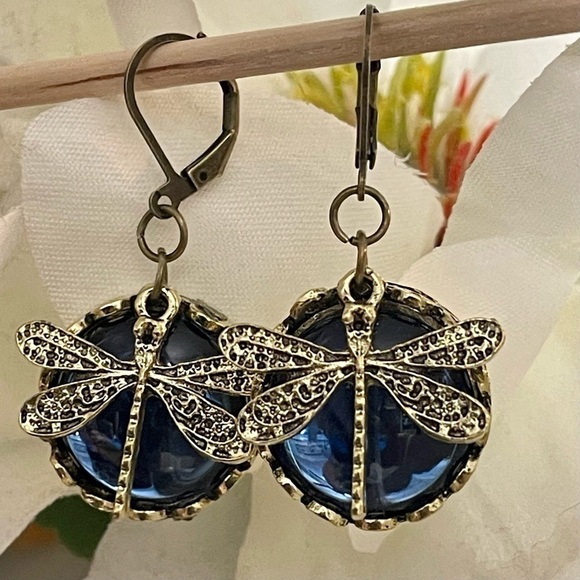 Blue Glass Vintage Boho Dragonfly Drop Earrings New - Picture 4 of 6